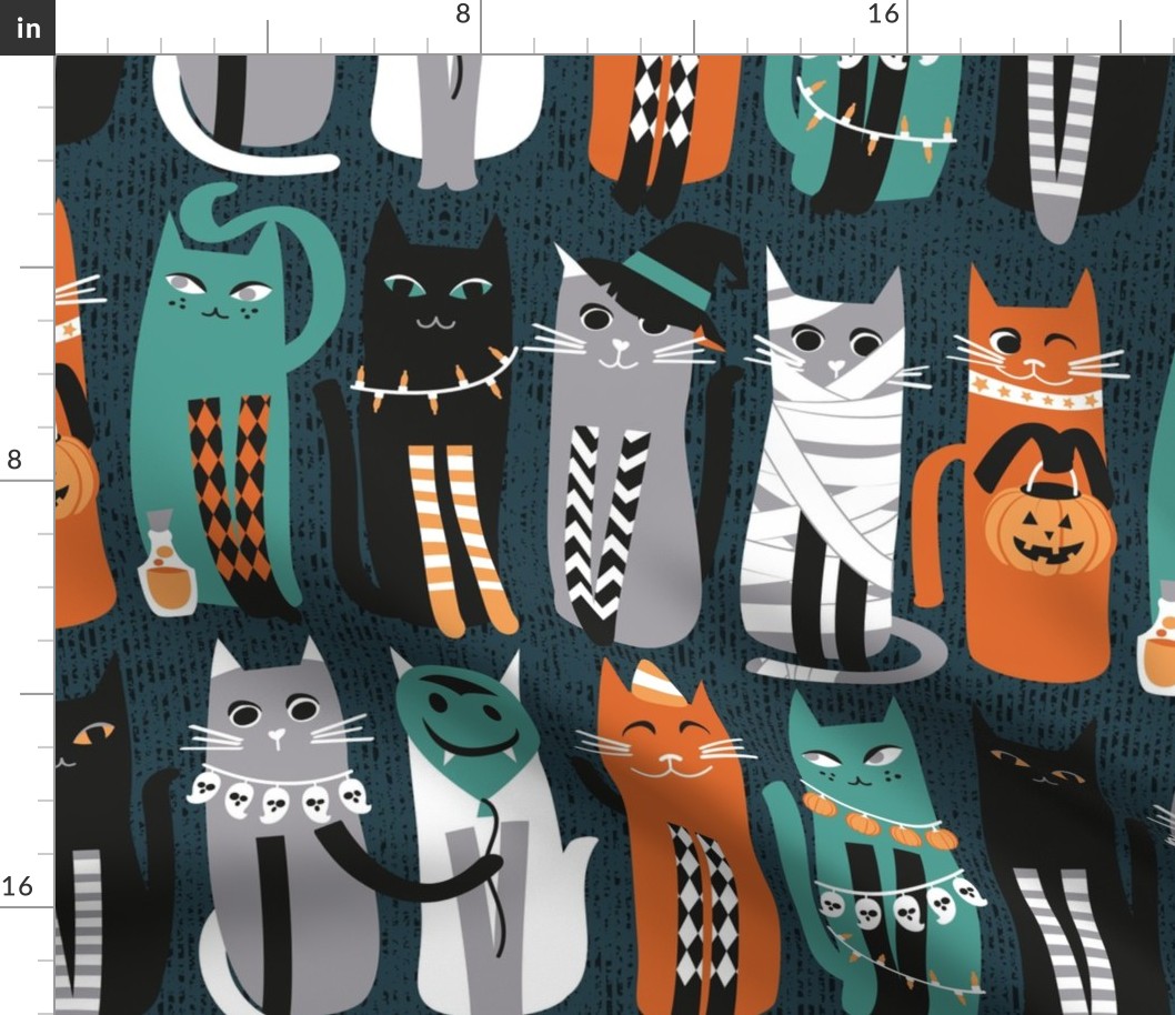 Normal scale // High Gothic Halloween Cats // pine green background orange grey green white and black kittens