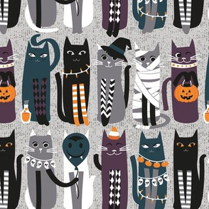 Small scale // High Gothic Halloween Cats // grey background orange grey pine green white and black kittens
