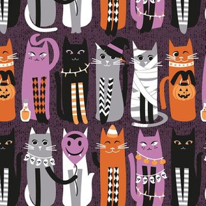 Small scale // High Gothic Halloween Cats // beet color background orange grey purple white and black kittens