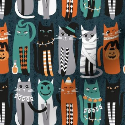 Small scale // High Gothic Halloween Cats // pine green background orange grey green white and black kittens