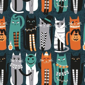 Small scale // High Gothic Halloween Cats // pine green background orange grey green white and black kittens