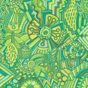 Abstract Doodle Art Green and Yellow