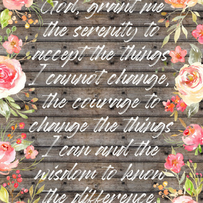 Serenity Prayer Watercolor Floral on dark wood - 54x72 inches