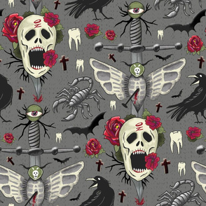 creepy gothic halloween – skulls with roses on gray