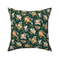 Contemporary Tossed Sunflower and Pumpkin Chintz - dark green - tiny