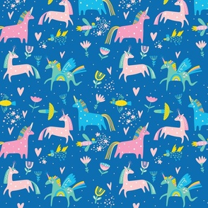 Cute unicorns and birds on blue background