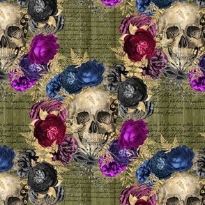 Roses around a Skull on aged text