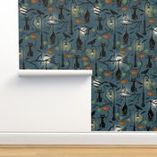 Bats, cats and crows on lampshade. Large scale.