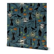 Bats, cats and crows on lampshade. Large scale.