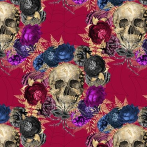 Roses around a skull on red with spiderweb