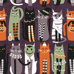 Normal scale // High Gothic Halloween Cats // beet color background orange brown sage green white and black kittens