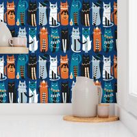 Small scale // High Gothic Halloween Cats // blue background orange turquoise blue white and black kittens