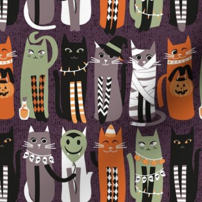 Small scale // High Gothic Halloween Cats // beet color background orange brown sage green white and black kittens