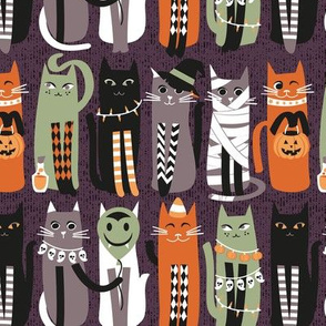 Small scale // High Gothic Halloween Cats // beet color background orange brown sage green white and black kittens