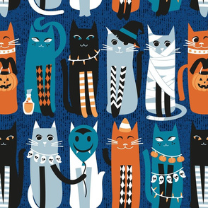 Normal scale // High Gothic Halloween Cats // blue background orange turquoise blue white and black kittens