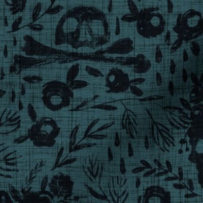 Macabre skulls - dark teal linen