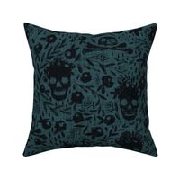 Macabre skulls - dark teal linen