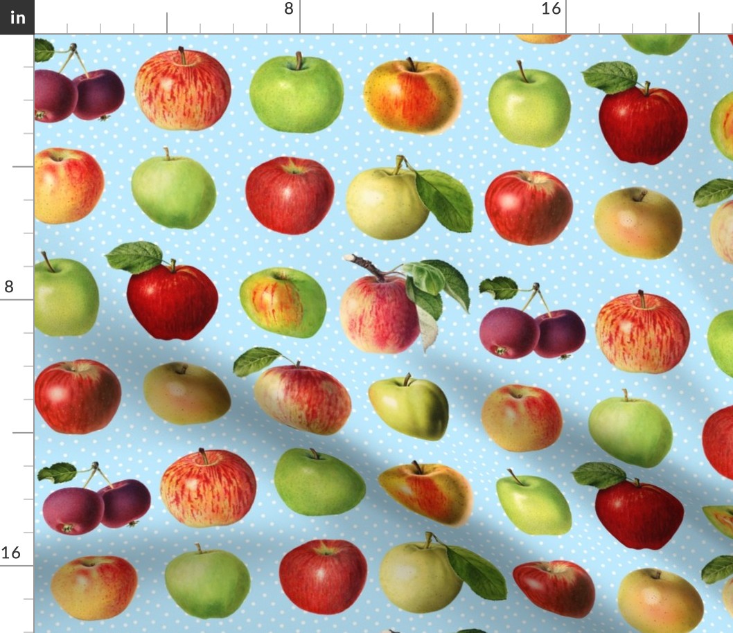 Apples and dots on bright blue ground