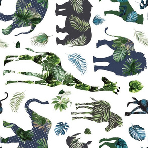 Tropical leaves safari patchwork animals - rotated