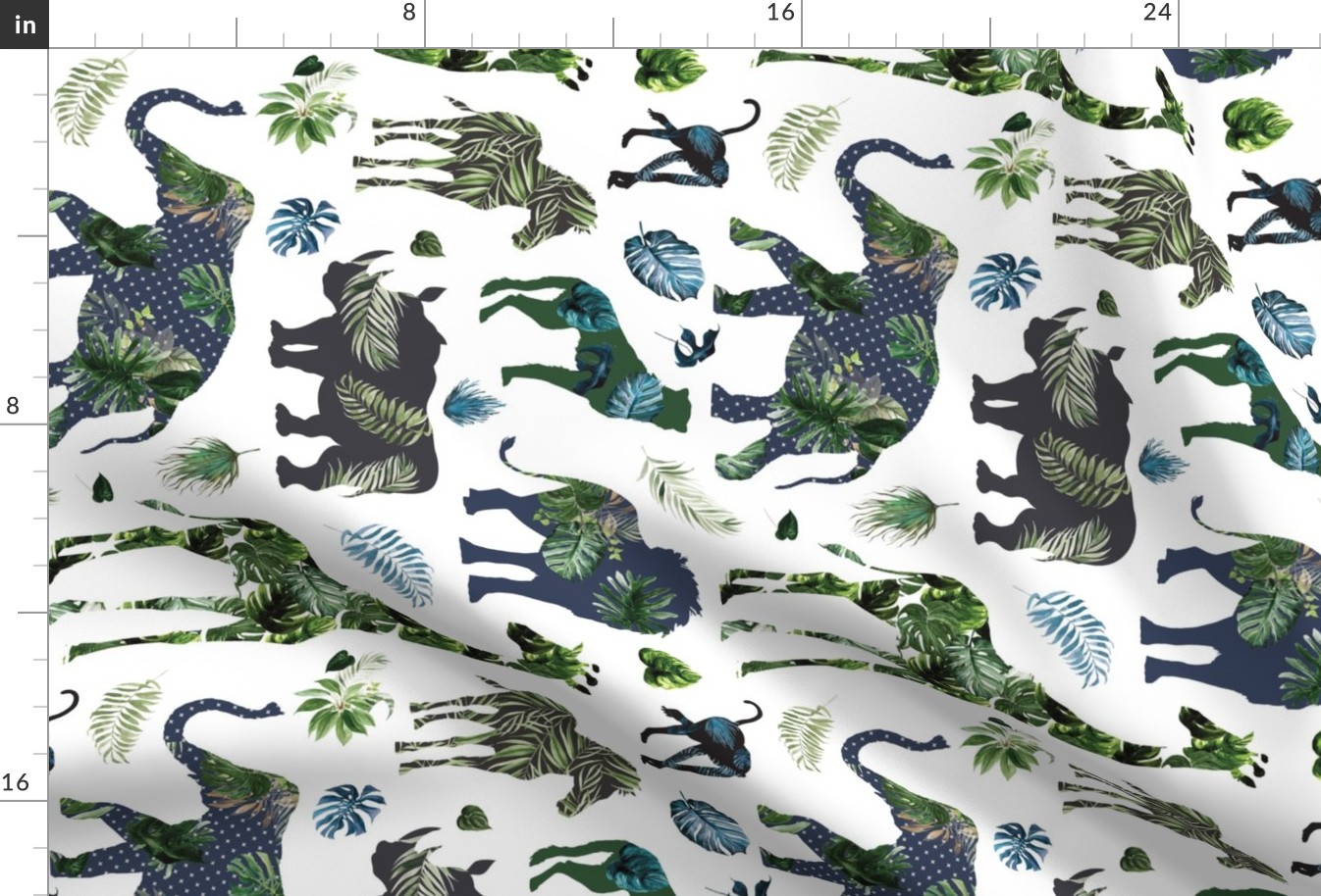 Tropical leaves safari patchwork animals - rotated