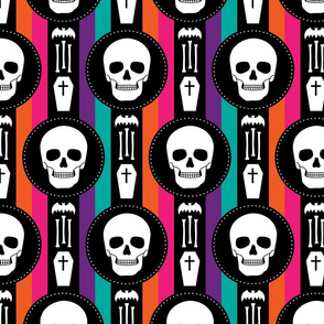 Pop halloween skulls, with coffins, bones and bats - purple, orange, aqua and hot pink