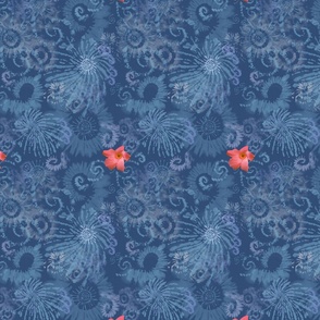 7x9-Inch Repeat of Dark Blue Tie Dye with Coral Flowers