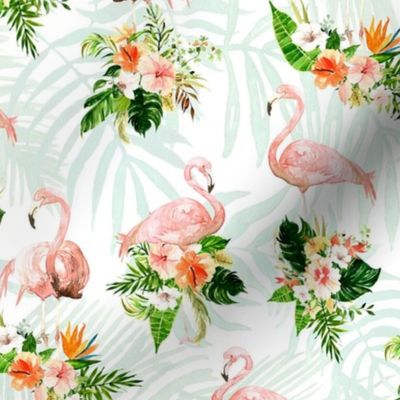 Flamingos with Tropical Leaves and Flowers