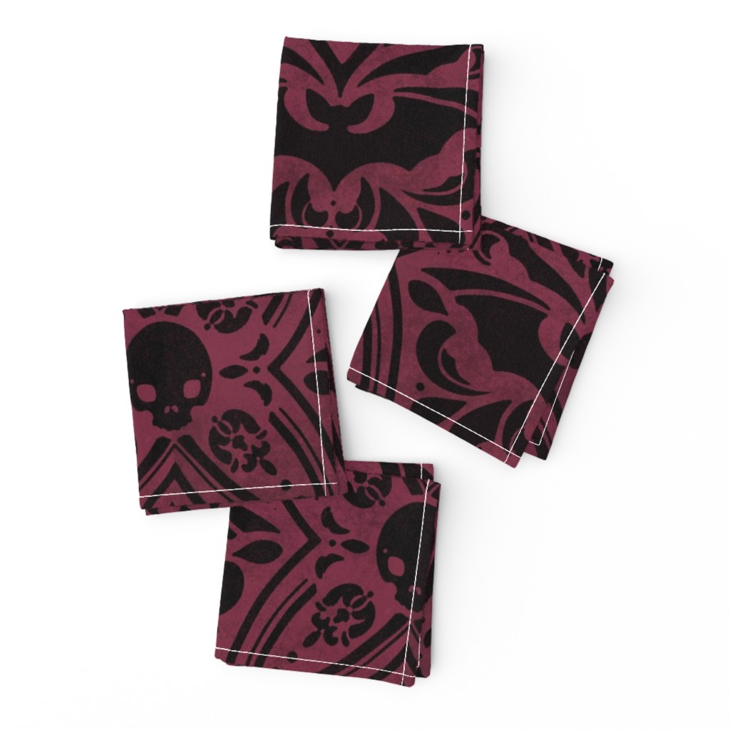 Mephistophelean Damask Magenta Maroon – floral, bats and skulls 