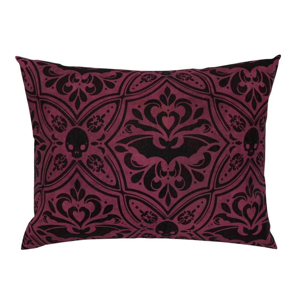 Mephistophelean Damask Magenta Maroon – floral, bats and skulls 