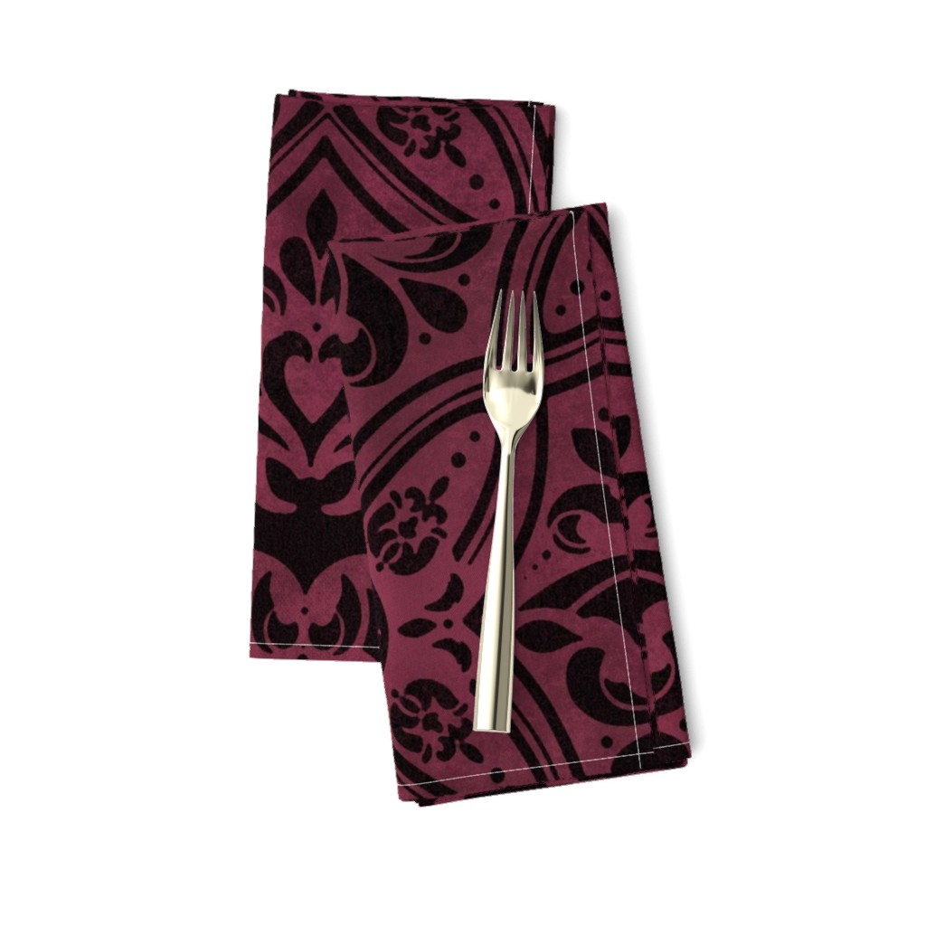 Mephistophelean Damask Magenta Maroon – floral, bats and skulls 