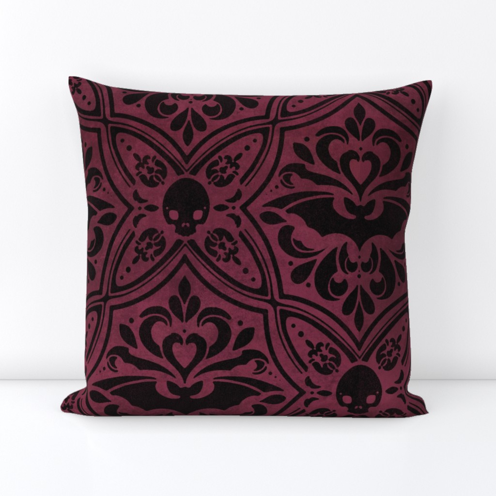 Mephistophelean Damask Magenta Maroon – floral, bats and skulls 