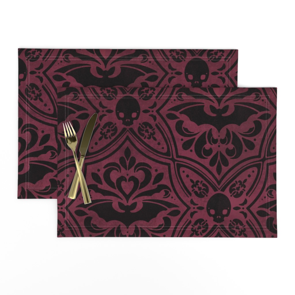 Mephistophelean Damask Magenta Maroon – floral, bats and skulls 