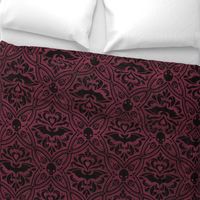 Mephistophelean Damask Magenta Maroon – floral, bats and skulls 