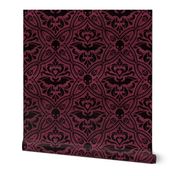 Mephistophelean Damask Magenta Maroon – floral, bats and skulls 