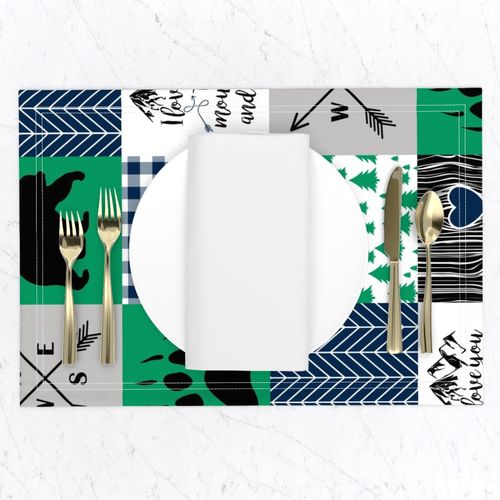 I love you to the mountains & Back//Green&Navy - Wholecloth Cheater Quilt - Rotated