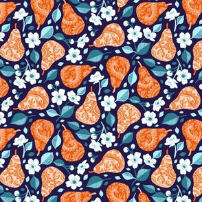 Pears and Blossoms in Orange and Blue - extra small print