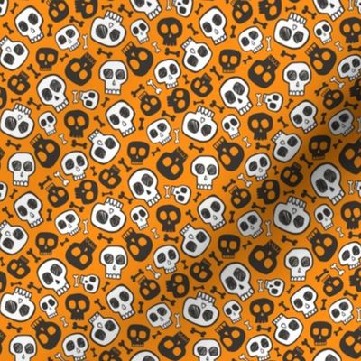 Skulls and Bones Halloween Black & White on Dark Orange Tiny Small 0,75 inch