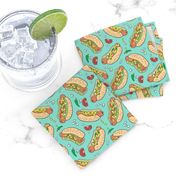 HHot Dogs Fast Food On Mint Green Smaller +/- 1,5 inch
