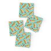 HHot Dogs Fast Food On Mint Green Smaller +/- 1,5 inch
