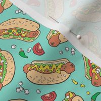 HHot Dogs Fast Food On Mint Green Smaller +/- 1,5 inch