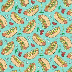 HHot Dogs Fast Food On Mint Green Smaller +/- 1,5 inch