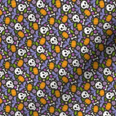 Skulls,Flowers,Pumpkins and Bats Halloween Fall Doodle Purple on Black Tiny Small Rotated