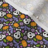 Skulls,Flowers,Pumpkins and Bats Halloween Fall Doodle Purple on Black Tiny Small Rotated
