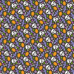 Skulls,Flowers,Pumpkins and Bats Halloween Fall Doodle Purple on Black Tiny Small Rotated