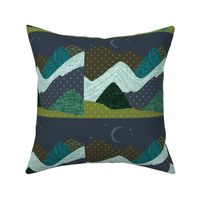 9" square: layered mountain // olive x, summit, green olive, 165-8 x, blue pine, teal no. 2, 174-15 x