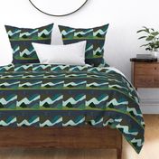 9" square: layered mountain // olive x, summit, green olive, 165-8 x, blue pine, teal no. 2, 174-15 x