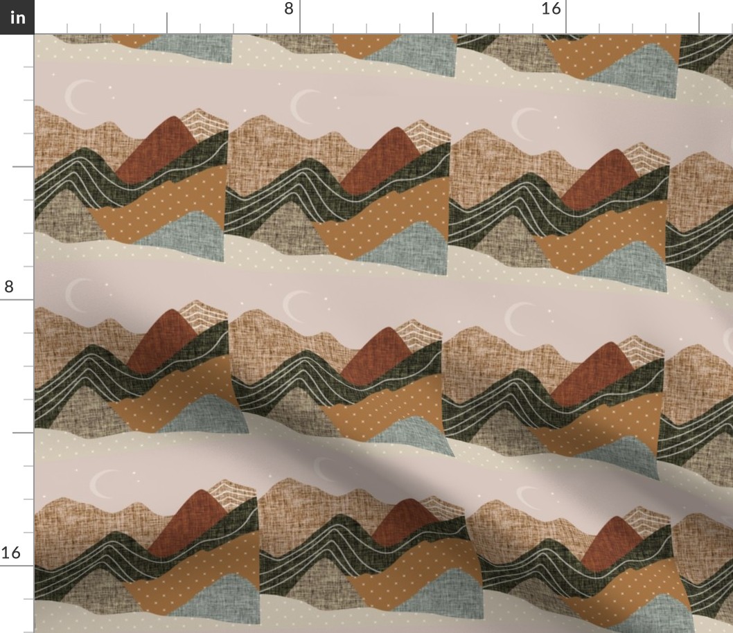 6" square: layered mountain // laurel, olive green, cinnamon, 26-13 x, caramel no. 2, starfish, 13-2 