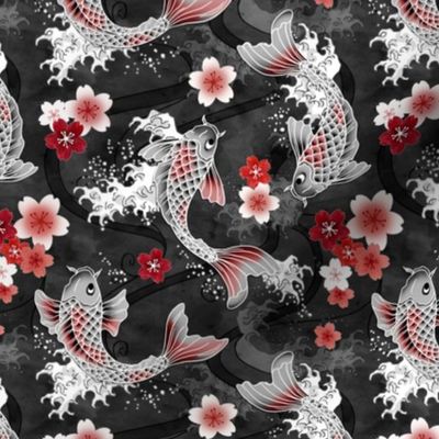 Koi and sakura blossom in grey & red small