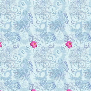 7x9-Inch Repeat of Sky Blue Tie Dye with Pink Flowers