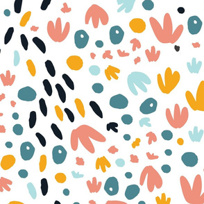 Painterly Pebble Polka Dots line and floral trails in gold, salmon, navy blue